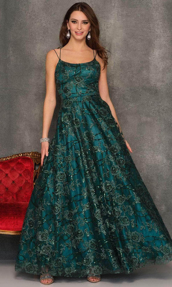 Dave & Johnny 10881 - Scoop Floral Lace Prom Gown Special Occasion Dress 00 / Emerald