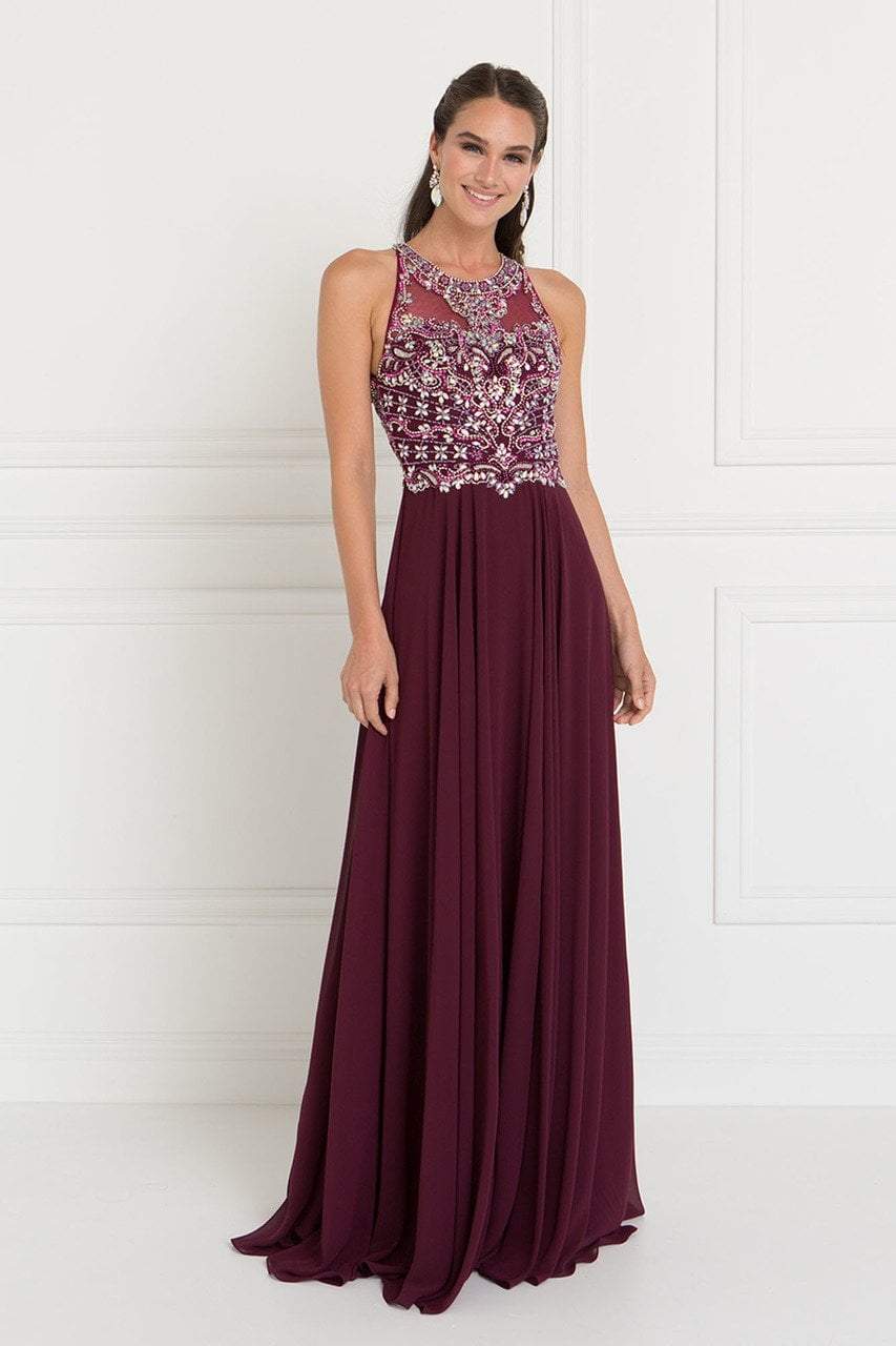 Halter Chiffon Lace A-line Long Maroon Prom Dress Burgundy Evening