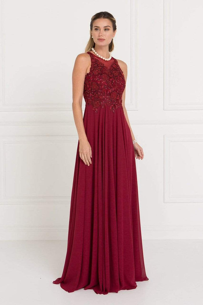 Elizabeth K - GL1570 Embroidered Illusion Halter Chiffon A-line Dress Bridesmaid Dresses XS / Burgundy