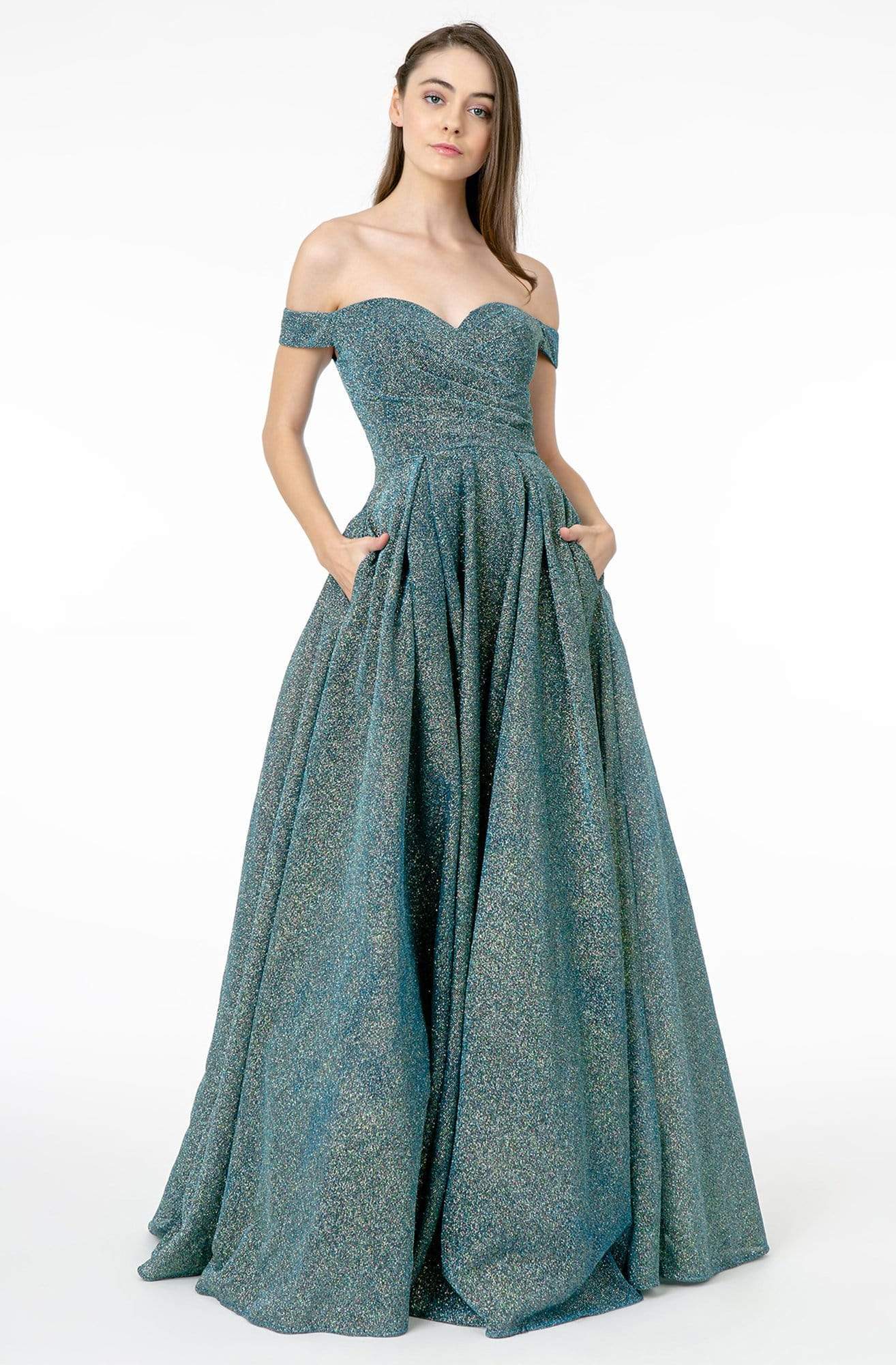 Elizabeth K - GL1827 Glitter Lame Off Shoulder A-Line Gown – Couture Candy