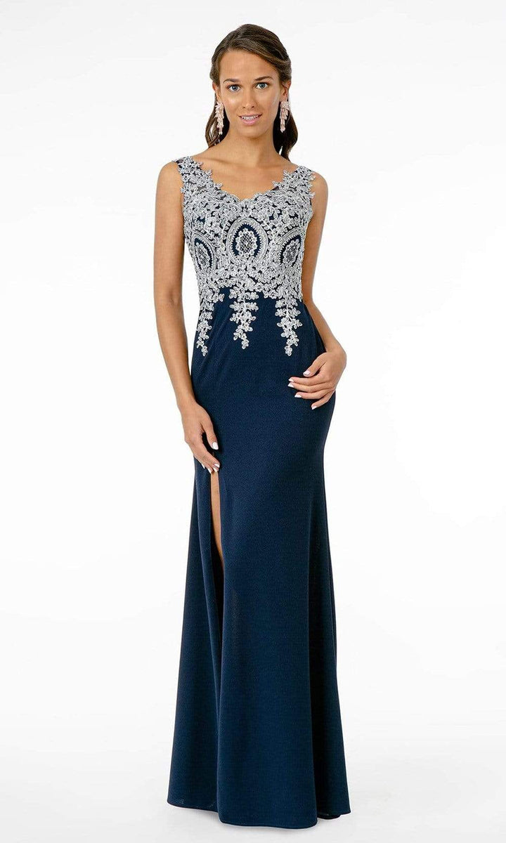 Elizabeth K - GL1839 Appliqued Bodice High Slit Long Dress – Couture Candy