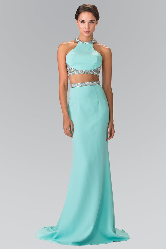 Elizabeth K - GL2256 Beaded Halter Neck Two-Piece Evening Gown Special Occasion Dress XS / Tiffany