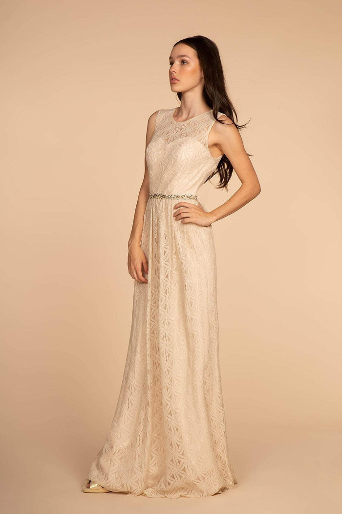 Elizabeth K - GL2611 Floral Lace Jewel A-Line Evening Gown Bridesmaid Dresses XS / Champagne