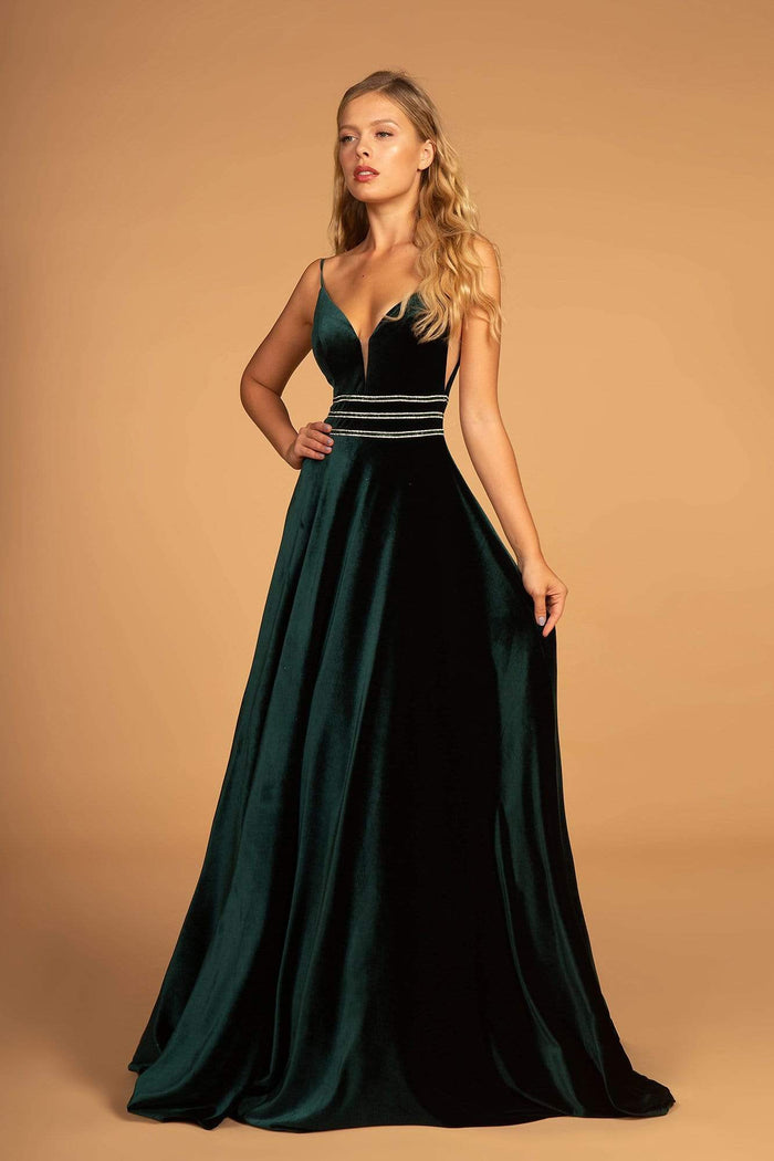 Elizabeth K - Illusion Plunging Velvet Long Gown GL2584 CCSALE L / Green