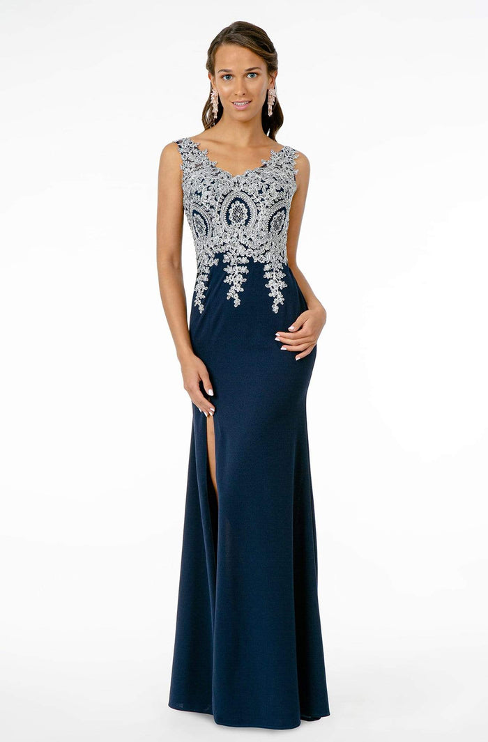 Elizabeth K - Metallic Lace Appliqued Bodice Dress GL1839 - 1 pc Navy/Silver In Size L Available CCSALE L / Navy/Silver