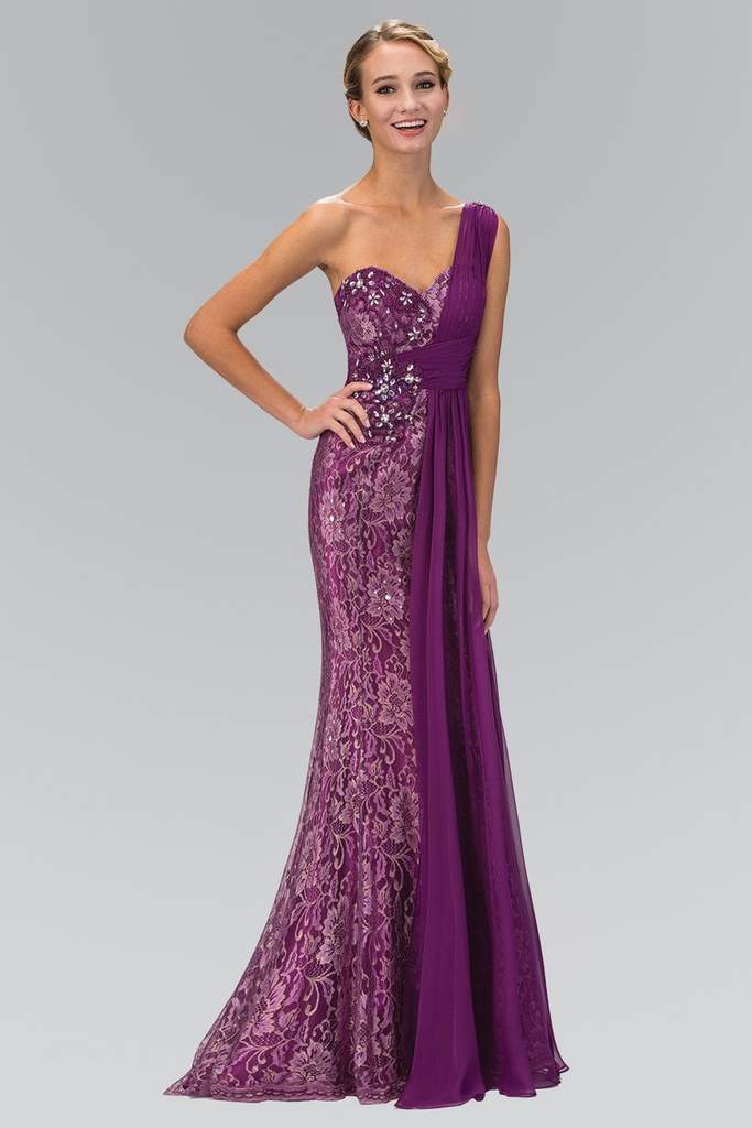 Elizabeth K - One Shoulder Strap Sheath Gown with Overlay GL1000 CCSALE L / Purple