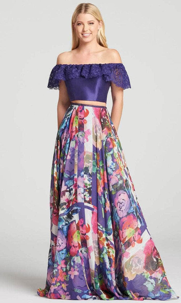 Ellie Wilde EW118105 - Ruffled Off-shoulder Long Dress Evening Dresses 00 / Purple/Multi