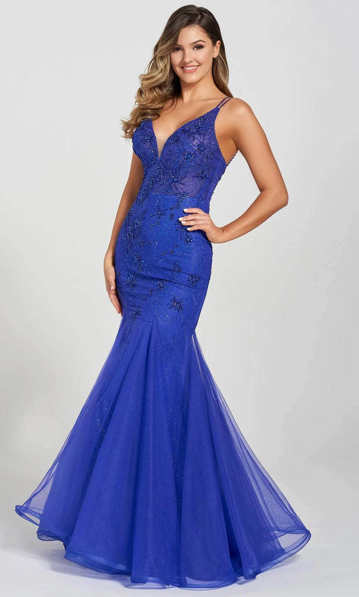 Ellie Wilde EW122120 - Mermaid Tulle Sleeveless Gown Evening Dresses 00 / Royal Blue