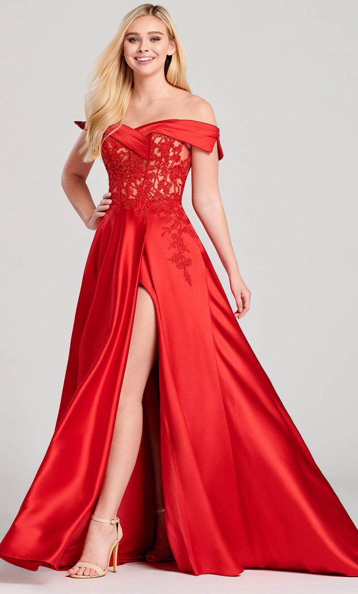 Ellie Wilde EW22012 - Embroidered Off Shoulder Satin Gown Prom Dresses 00 / Ruby