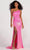 Ellie Wilde EW34022 - Outlined Asymmetric High Slit Gown Evening Dresses 00 / Hot Pink