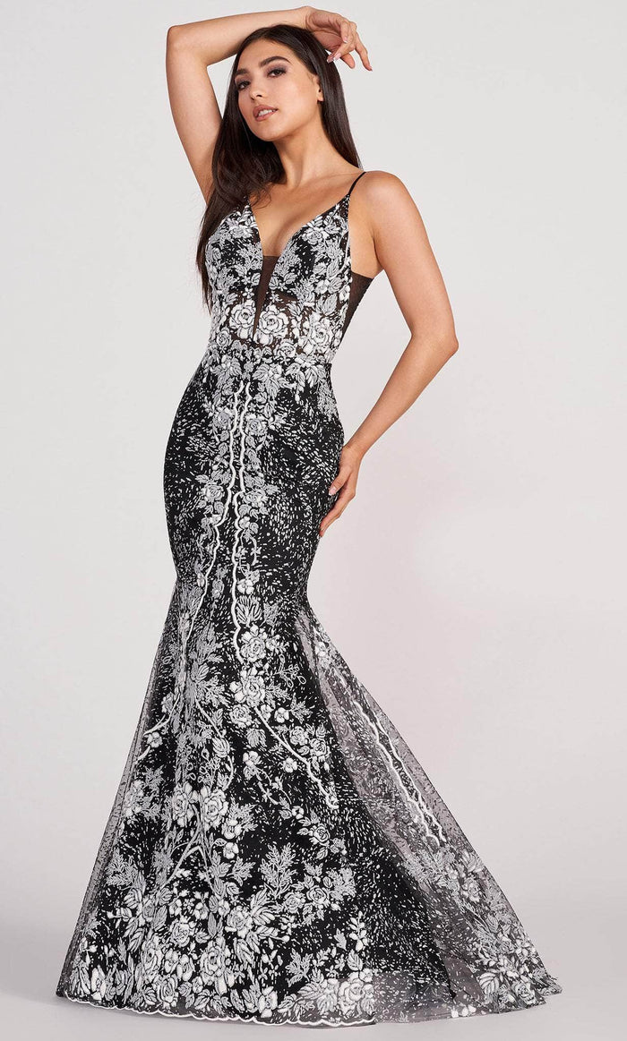 Ellie Wilde EW34132 - Floral V-Neck Evening Dress Evening Dresses 00 / Black/White