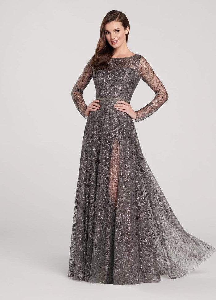 Ellie Wilde - Long Sleeve Illusion Cracked Ice Tulle Gown EW119003 CCSALE 4 / Charcoal