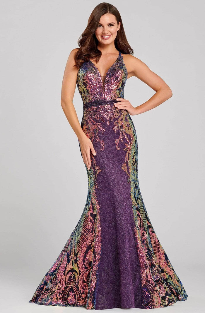 Ellie Wilde - V-Neck Cutout Back Evening Gown EW120073 - 1 pc Purple/Multi In Size 8 Available CCSALE 8 / Purple/Multi