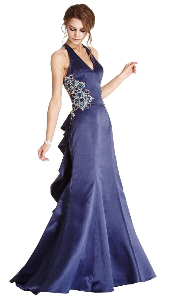 Embellished Halter V-neck Evening Dress Evening Dresses XXS / Navy