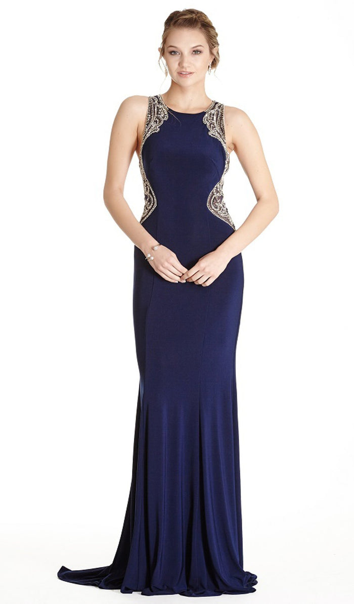 Embellished Jewel Neck Sheath Evening Dress Dress XXS / Navy