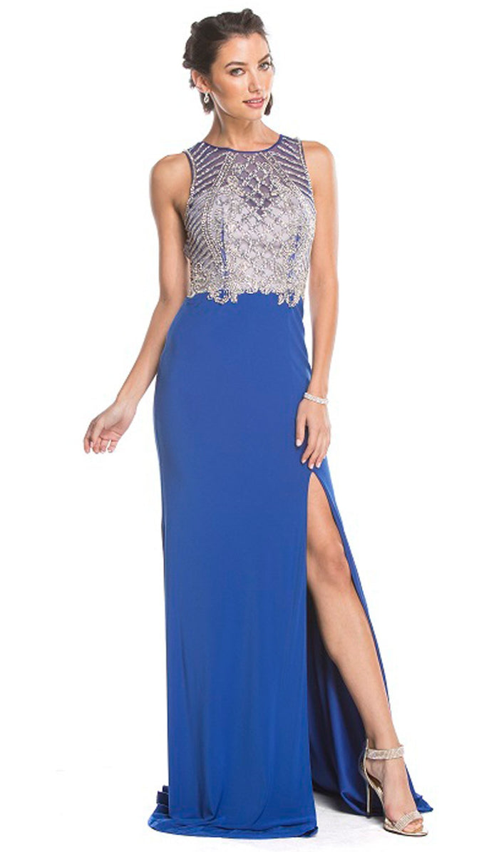 Embellished Jewel Neckline Sheath Evening Dress Dress XXS / Royal