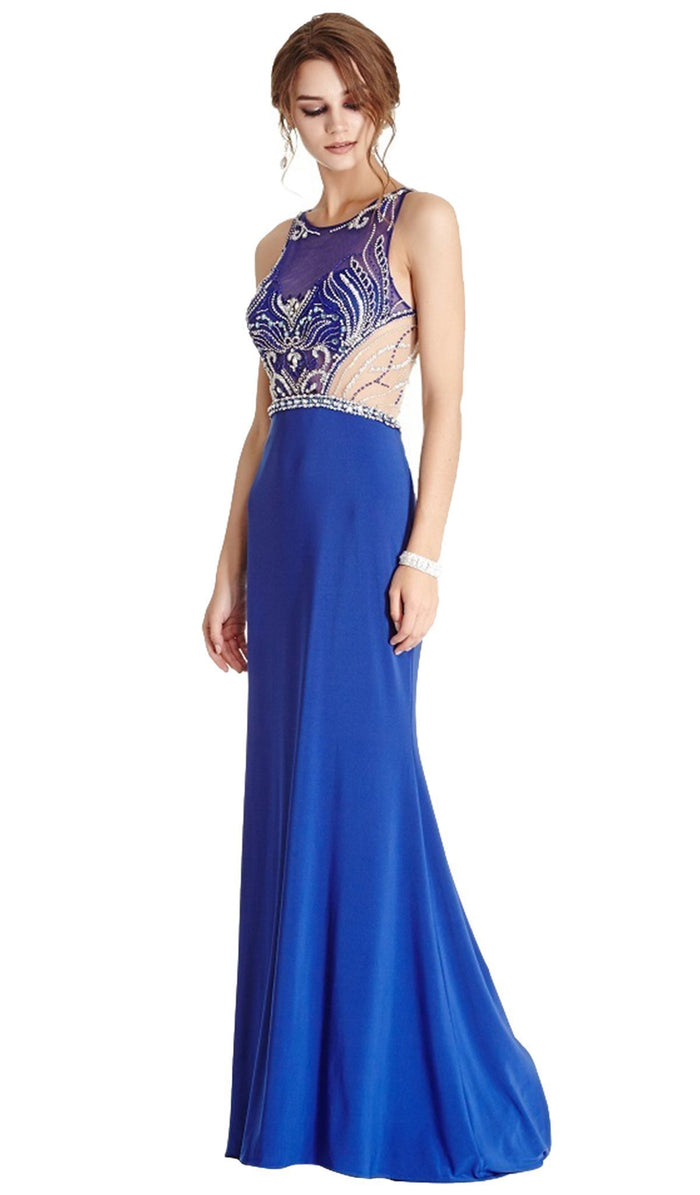 Embellished Sheer Halter Sheath Evening Dress Dress XXS / Royal