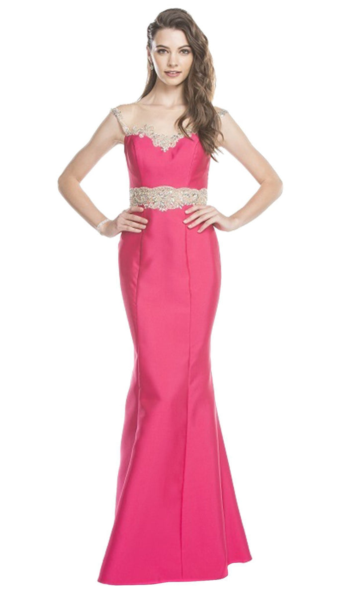 Embroidered Illusion Bateau Trumpet Prom Dress Dress XXS / Fuchsia