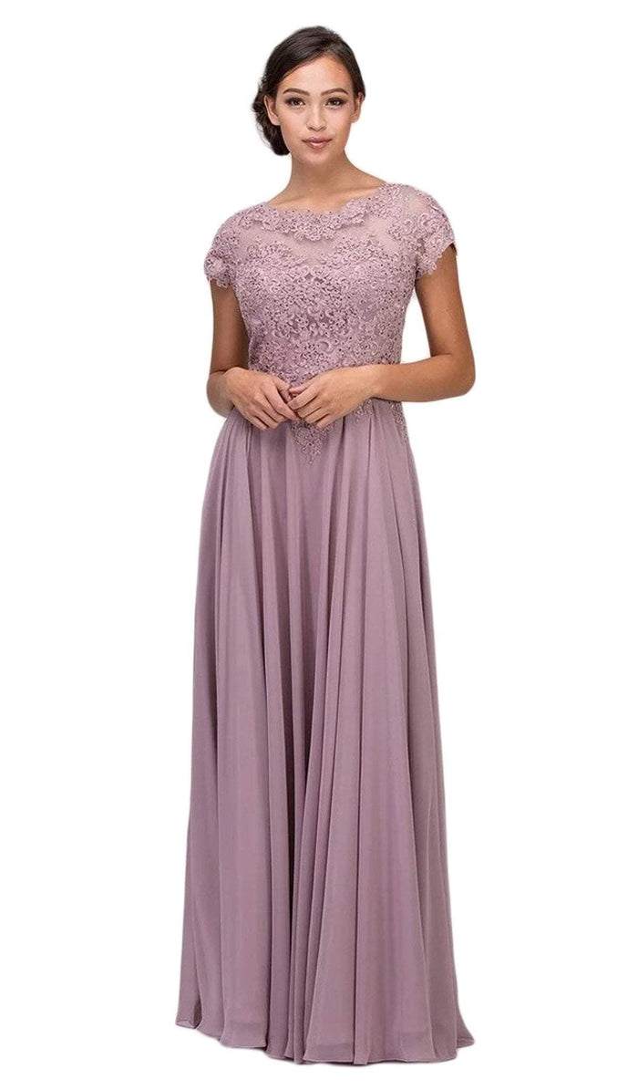 Eureka Fashion - 4909-4XL Illusion Short Sleeve Applique Chiffon Dress Special Occasion Dress XS / Mocha