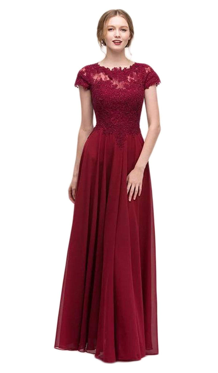 Eureka Fashion - 4909 Illusion Short Sleeve Appliqued Chiffon Dress Special Occasion Dress XS / Burgundy