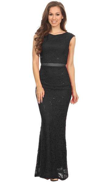 Eureka Fashion - Cap Sleeve Floral Lace Illusion Midriff Gown 2085 - 1 pc Black In Size M Available CCSALE M / Black