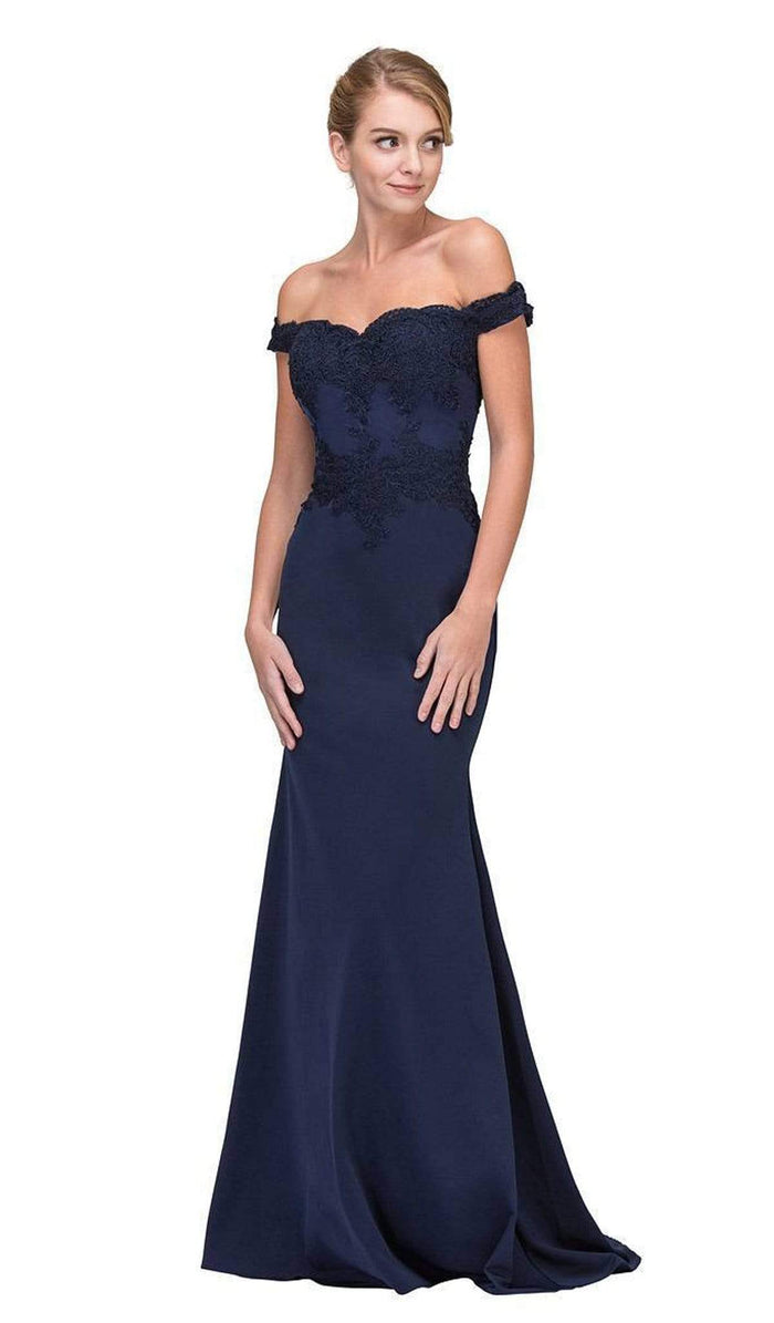 Eureka Fashion - Lace Applique Off Shoulder Jersey Mermaid Gown - 2 pcs Navy In Size XS and L, 1 pc Burgundy in Size L Available CCSALE XS / Navy