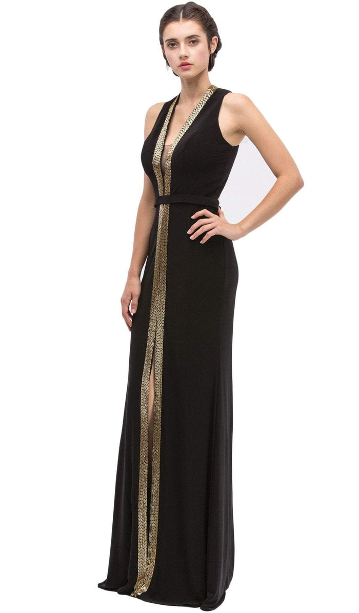 Eureka Fashion - Plunging Gold Beading Fitted Evening Dress Special Occasion Dress XS / Black/Gold Beading