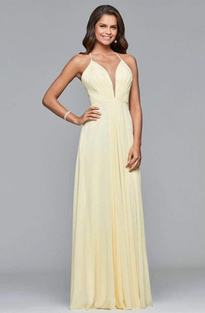 Faviana - 7747 Illusion Plunging V-Neck Flowy Chiffon A-Line Dress Prom Dresses 00 / Buttercream