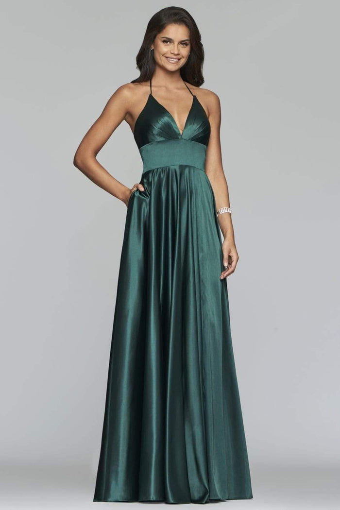 Faviana - Plunging V-Neck Empire Waist A-line Dress S10255 CCSALE 0 / Deep Green