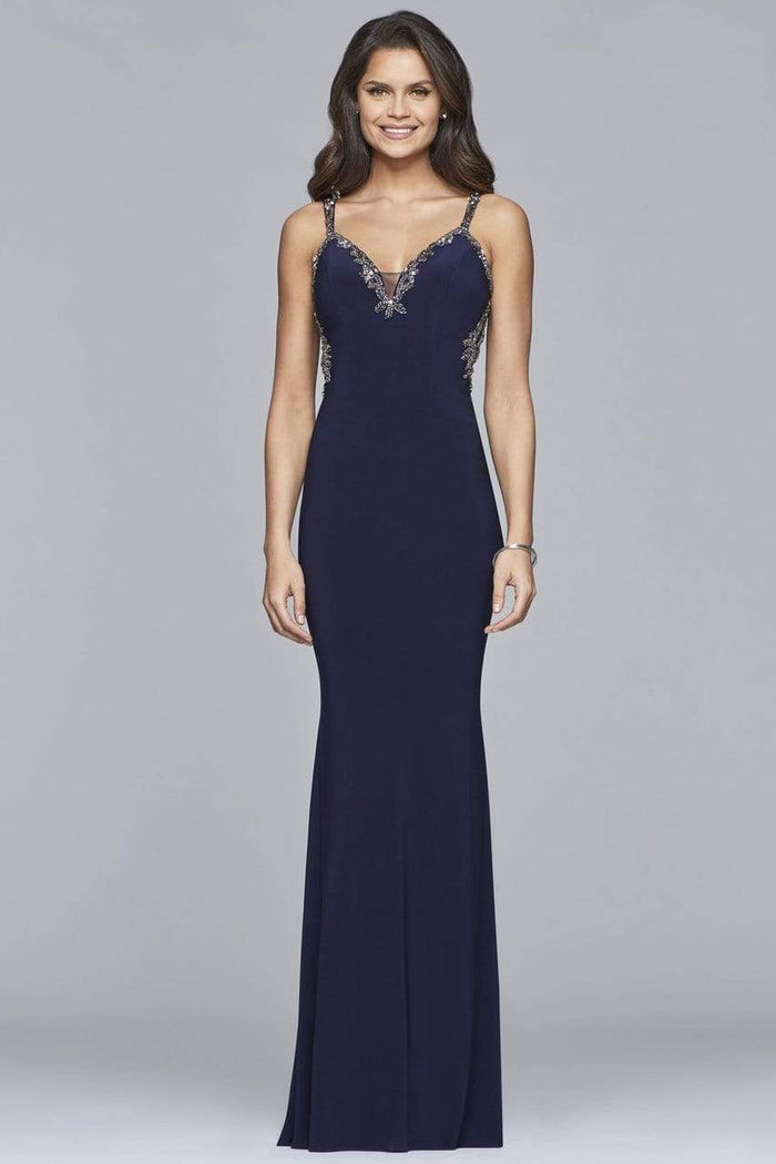 Faviana - S10107 Lace Beaded V-Neck Jersey Sheath Dress Prom Dresses 00 / Navy