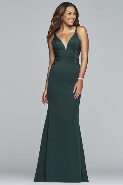 Faviana - S10226 Beaded Deep V-neck Neoprene Trumpet Dress – Couture Candy