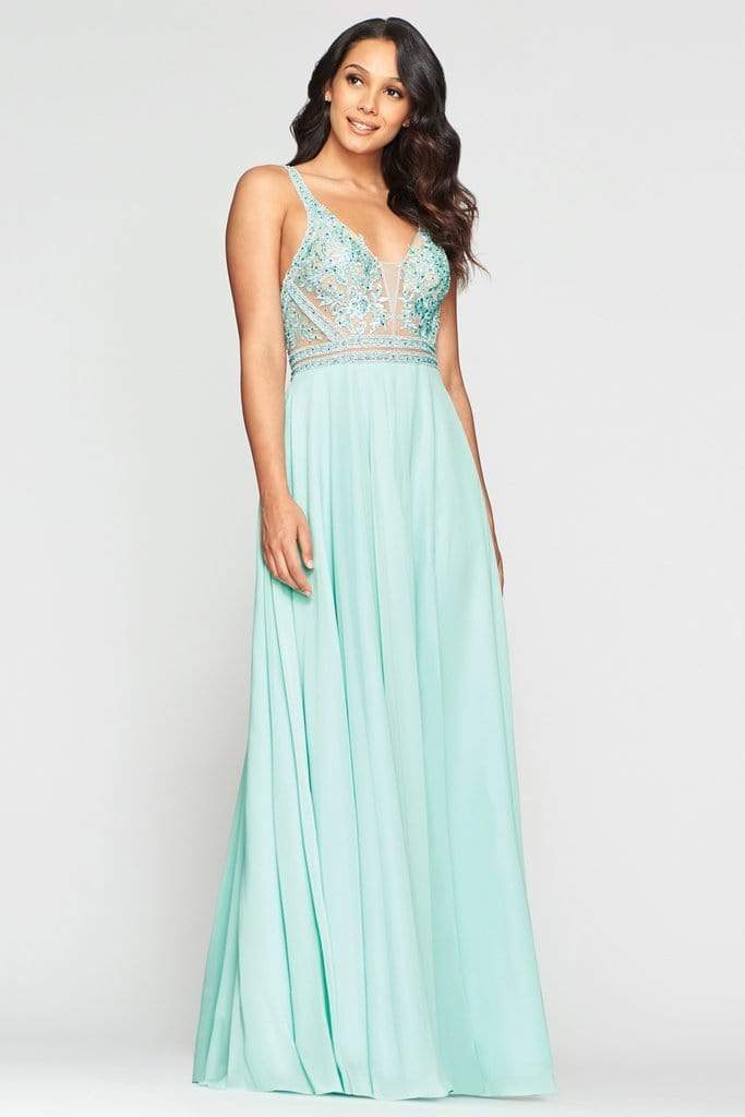 Faviana - S10414 Applique Deep V-neck Chiffon A-line Dress – Couture Candy