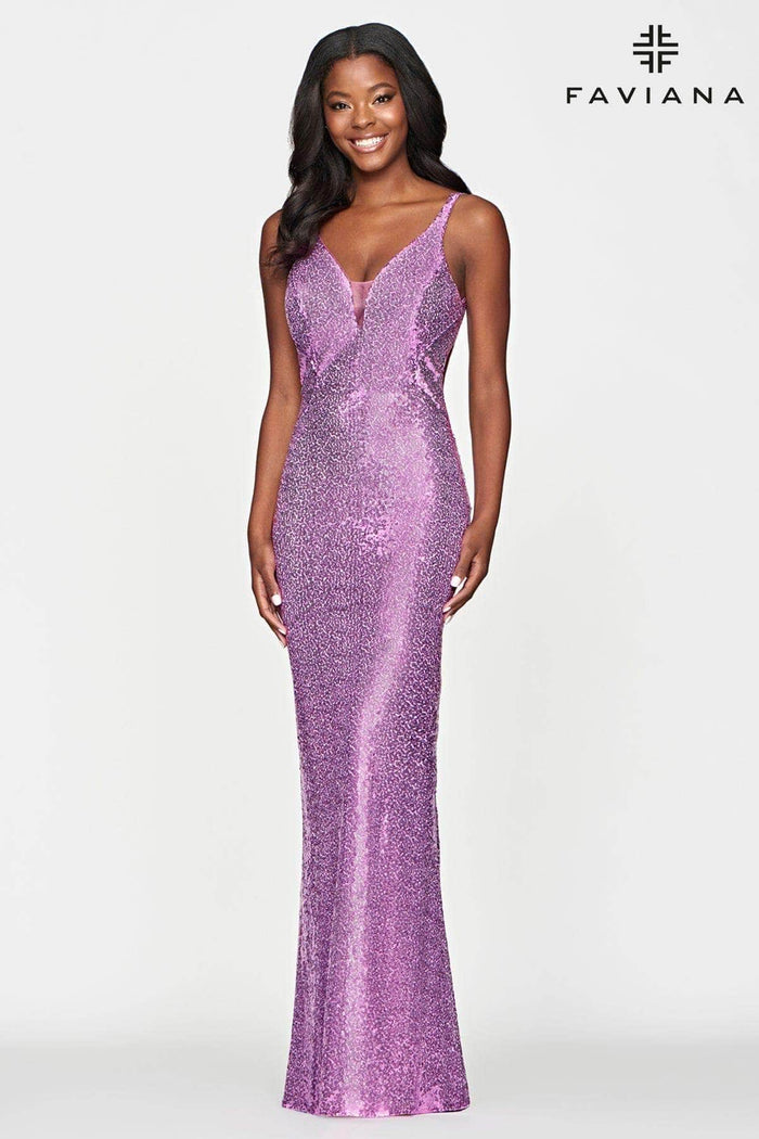 Faviana - S10636 V-Neck Cut-Out Back Sequin Prom Dress Prom Dresses 00 / Orchid