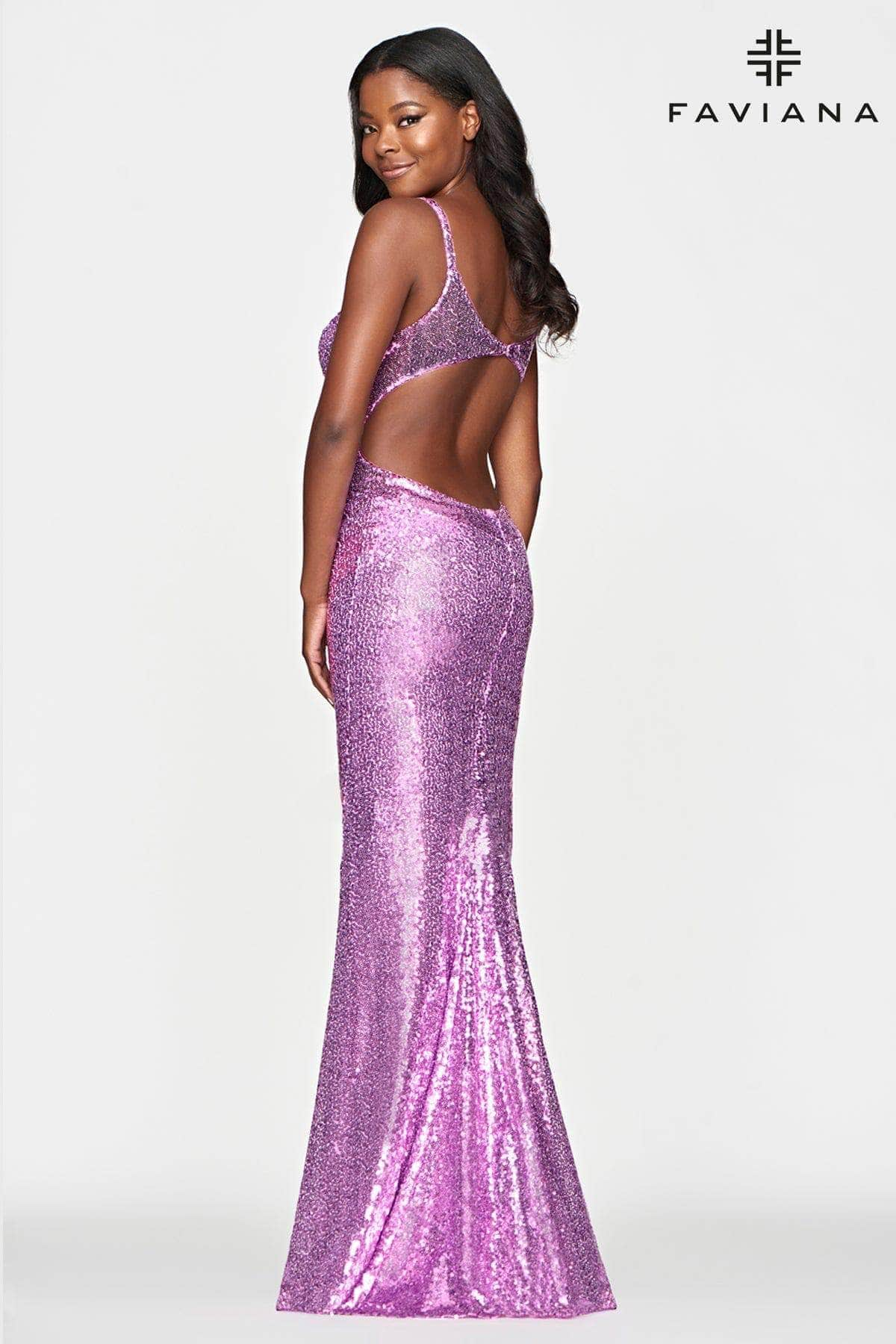 Faviana S10636 V Neck Cut Out Back Sequin Prom Dress Couture Candy