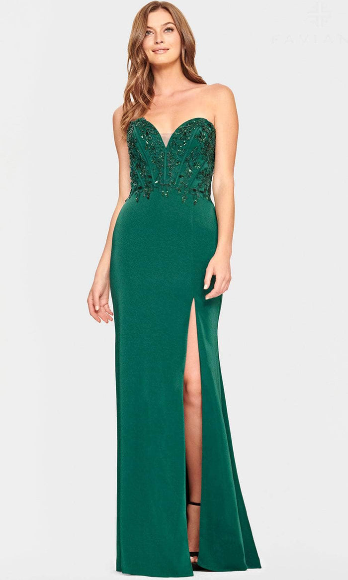 Faviana S10865 - Sequin Embellished Satin Prom Dress Prom Dresses 00 / Forest Green