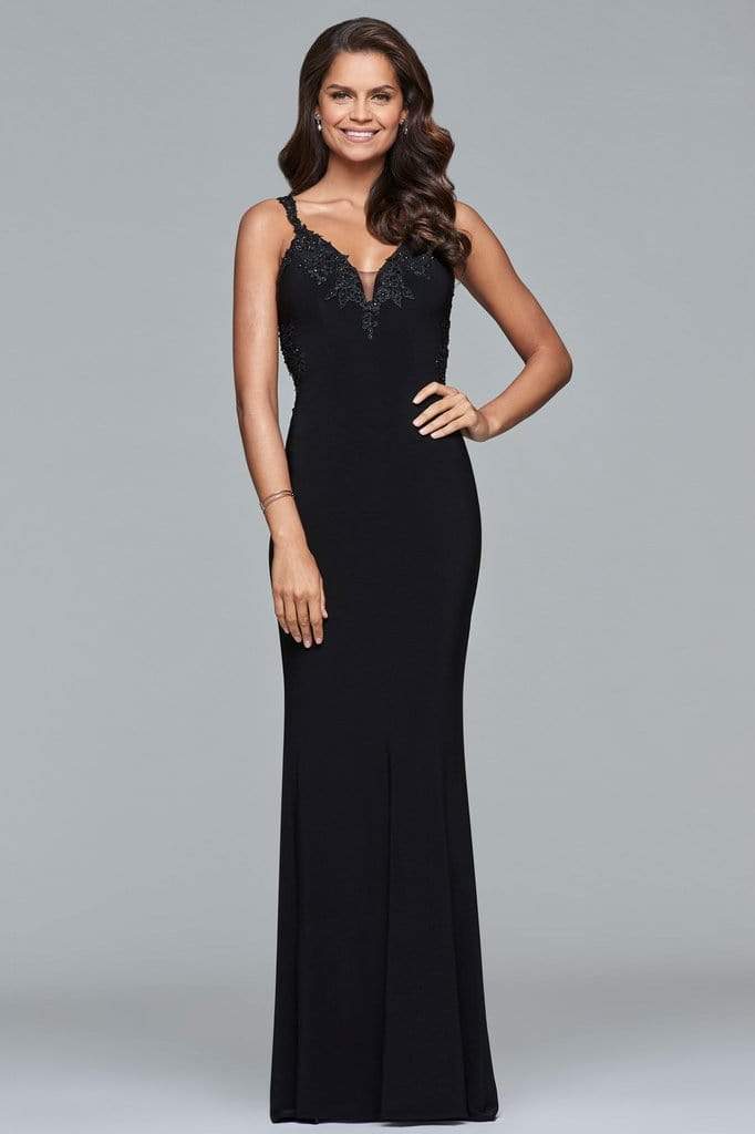 Faviana - S7999 Long Jersey Sleeveless Beaded V-neck Dress - 1 pc Black In Size 2 Available CCSALE 2 / Black