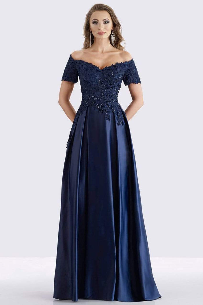 Feriani - Beaded Off Shoulder Pleated Evening Gown 18657 - 1 pc Navy in Sizes 6 Available CCSALE 6 / Navy