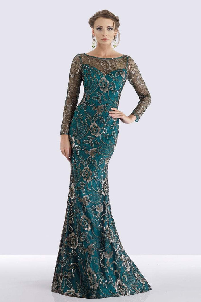 Feriani Couture - 18718 Floral Lace Long Sleeve Sheath Dress Special Occasion Dress 2 / Teal