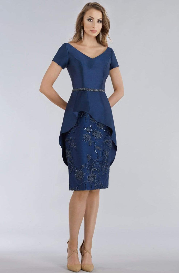 Feriani Couture - 18953 Short Sleeve Knee Length Peplum Beaded Dress Wedding Guest 8 / Navy