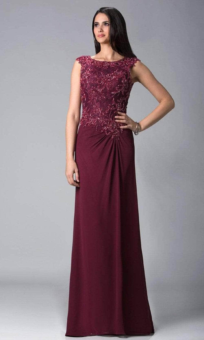 Feriani Couture - Cap Sleeve Lace Appliqued Column Gown 18402 CCSALE 8 / Cranberry