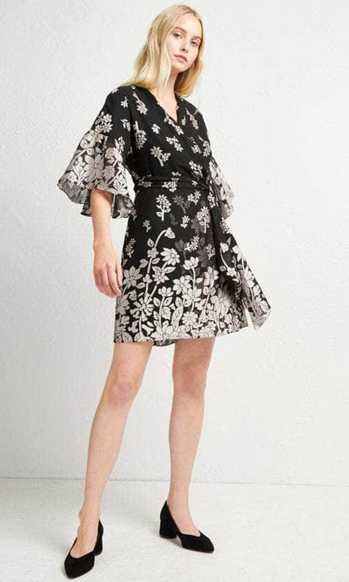 French Connection 71KNX - Floral Faux Wrap Chiffon Short Dress Cocktail Dresses 0 / Black Cream