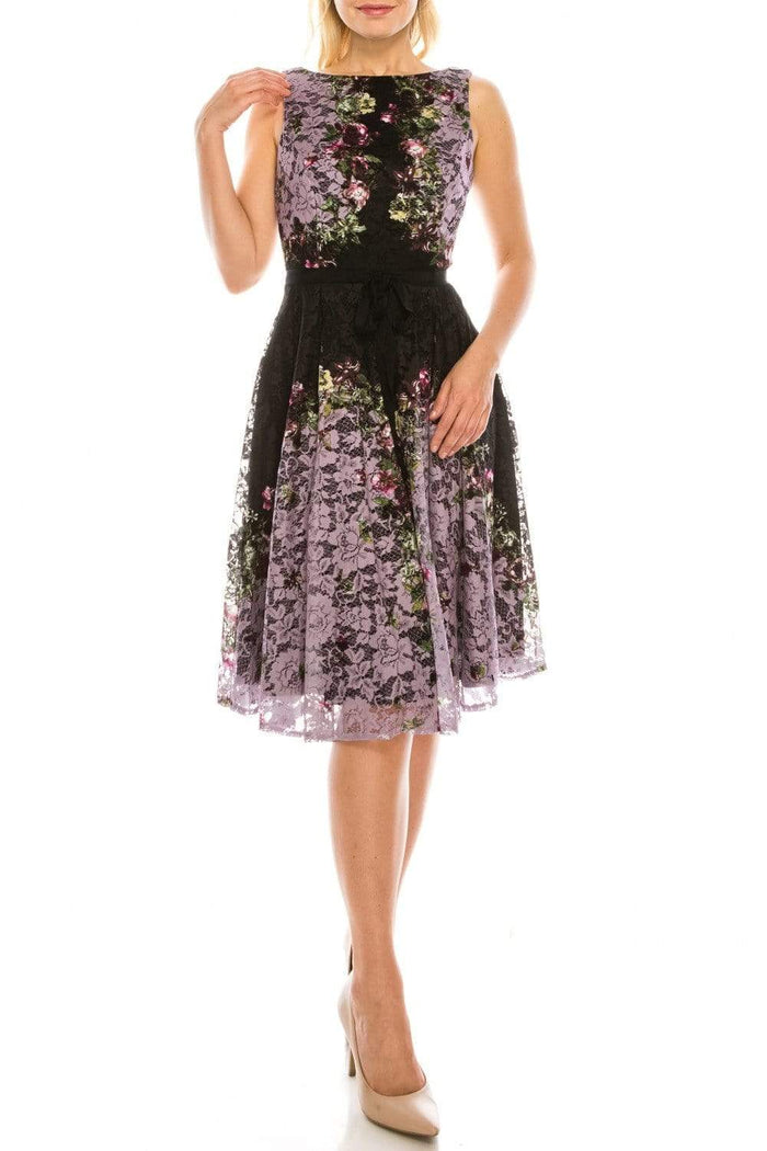 Gabby Skye - 57369MG Sleeveless Floral Print Lace A-Line Dress Cocktail Dresses 0 / Lavender Black