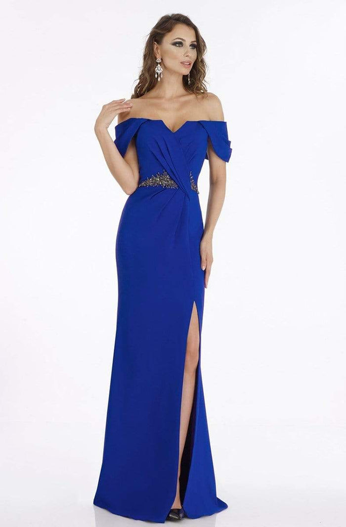 Gia Franco - 12915 Off-Shoulder High Leg Slit Gown with Beaded Waist - 1 pc Wine In Size 14 Available CCSALE 14 / Wine