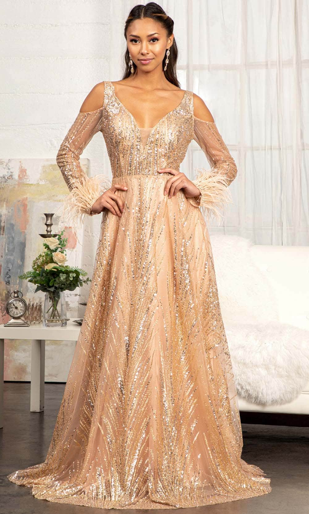 Feather Prom Dresses 2024 Feather Cocktail Wedding Dresses Gowns   Gls By Gloria Gl3041 Cut Out Long Sleeve Long Dress Prom Dresses Xs Rose Gold 30120135360595 1728x 