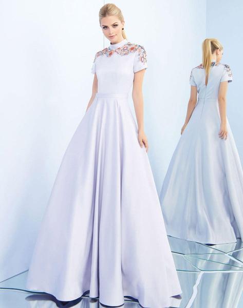 Ieena Duggal - High Collar Embellished Satin Ballgown 25809I CCSALE 10 / Sky Blue