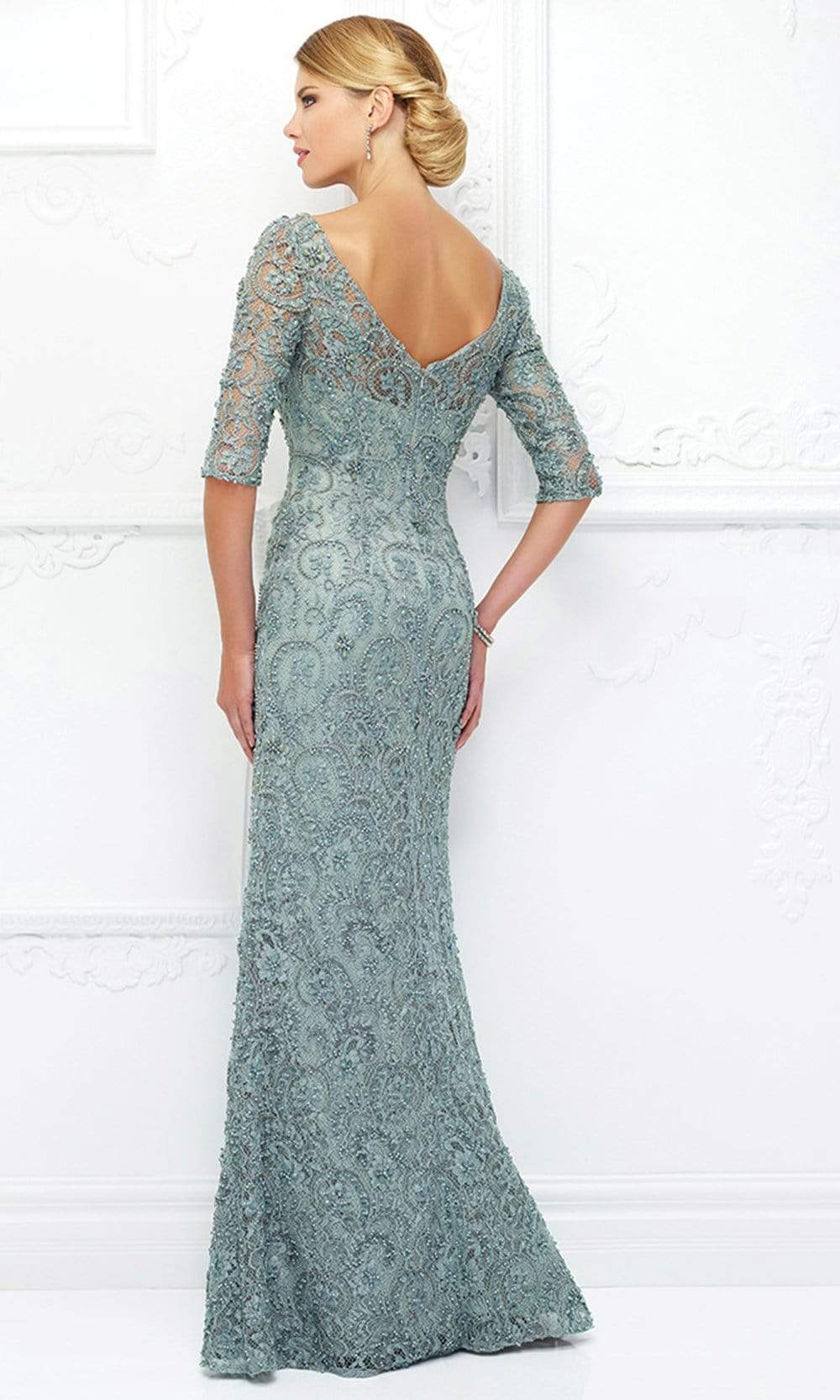 Ivonne D for Mon Cheri - Quarter Sleeve Beaded Lace Sheath Gown 118D06 ...