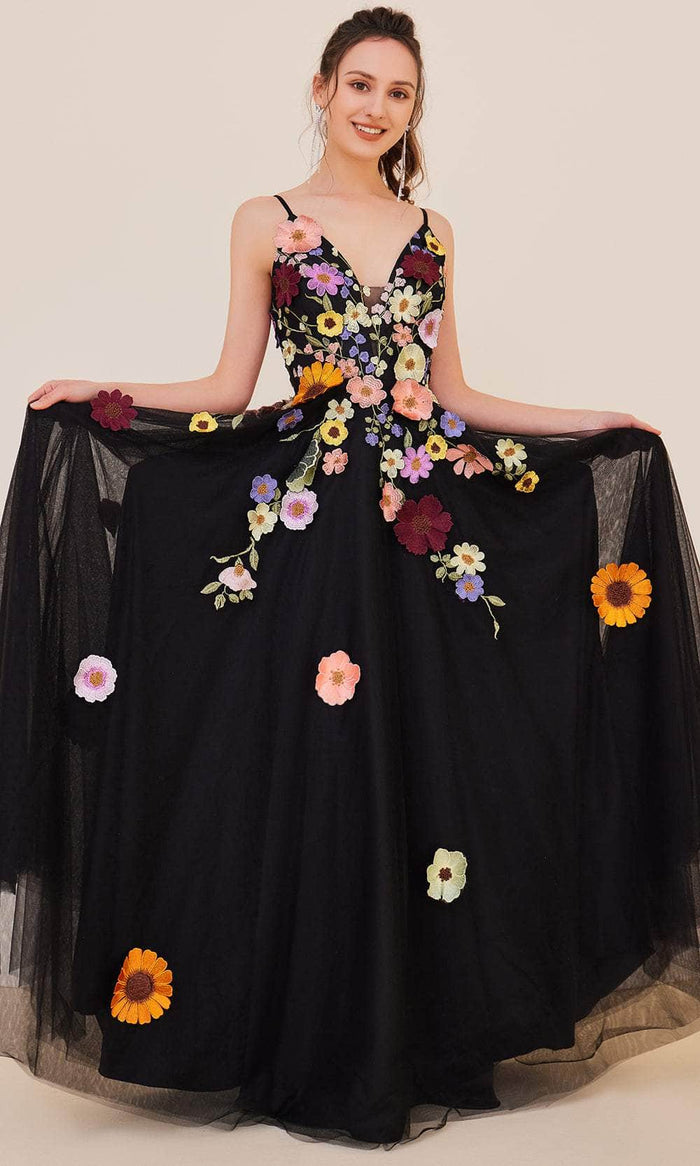 J'Adore Dresses J21016 - Floral Appliqued Bodice Prom Gown Special Occasion Dress 2 / Black