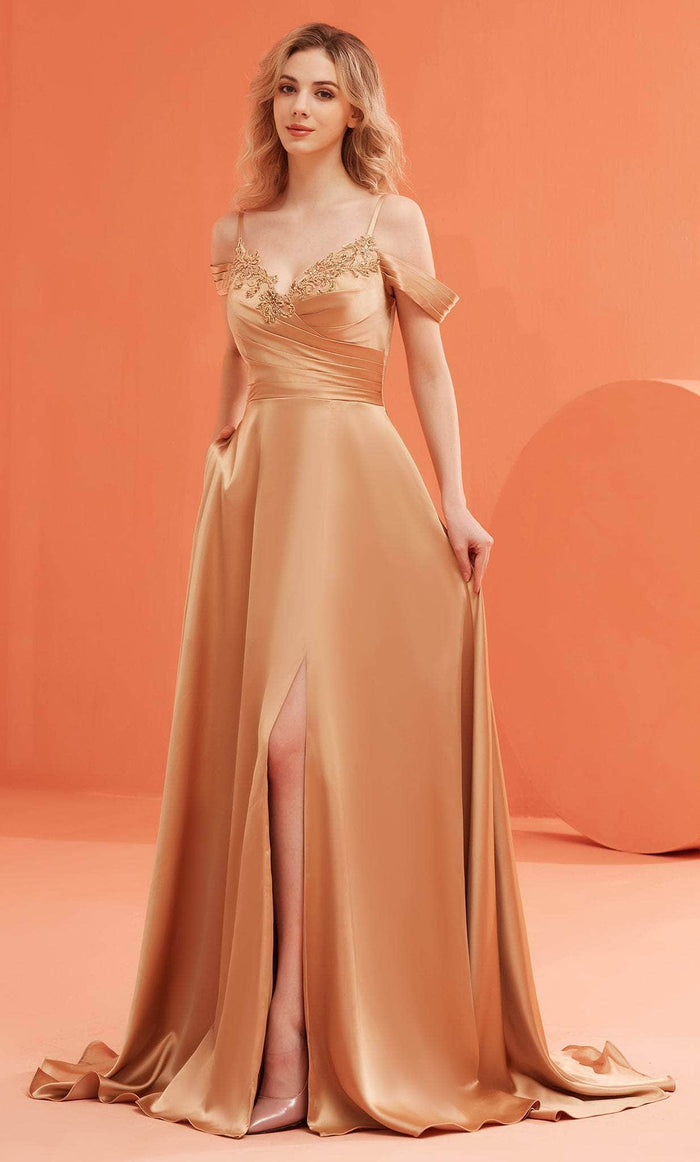 J'Adore Dresses J22036 - Cold-Shoulder Sleeve A-line Dress Special Occasion Dress 2 / Gold