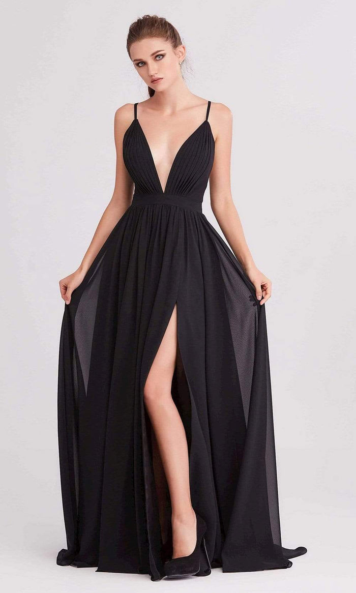 J'Adore - J15005 Deep V Neck Chiffon A-line Gown Evening Dresses 2 / Black