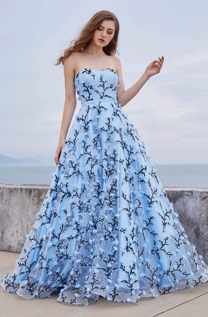 J'Adore - J16002 Floral Applique Sweetheart Ballgown Evening Dresses 2 / Blue